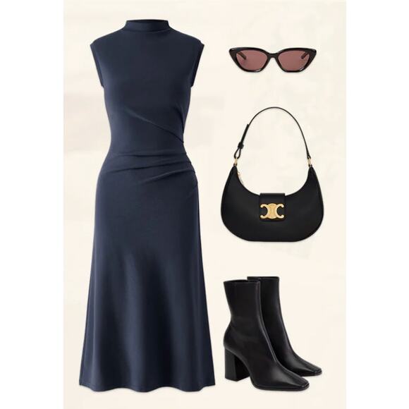 OGL Mockneck Tucks Midi Dress NWT SIZE M - Picture 3 of 3